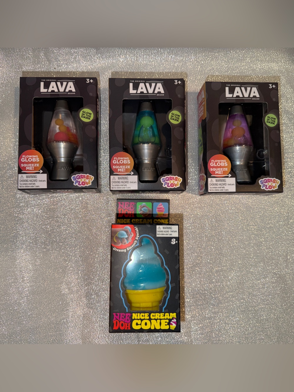Needoh Ice Cream Cone (One Randomly Selected) & 3 Mini Lava Lamp Squish & Flow